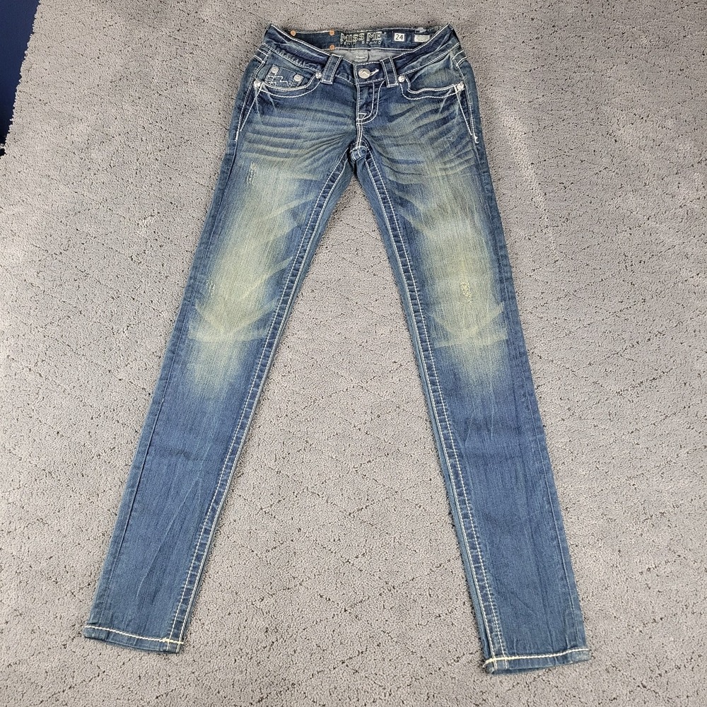 Miss Me Women's Skinny Jeans - Blue Denim with Faded Highlights